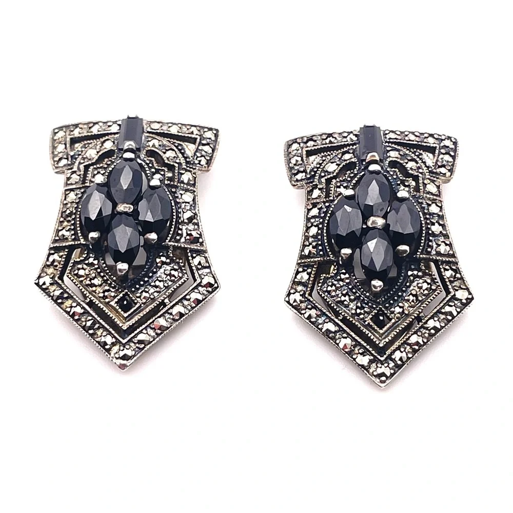 Vintage Art Deco Convertible Sterling Brooch Duette Dress Clip Set Black Crystal